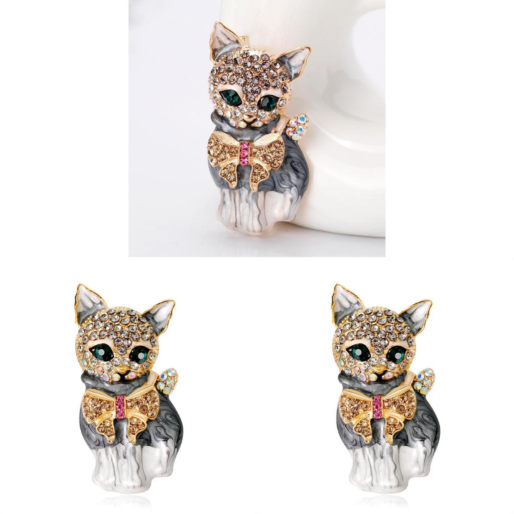 Animal Style Alloy Green Eye Cat Brooch With Dangle Drop For Womens Fashion Accessory