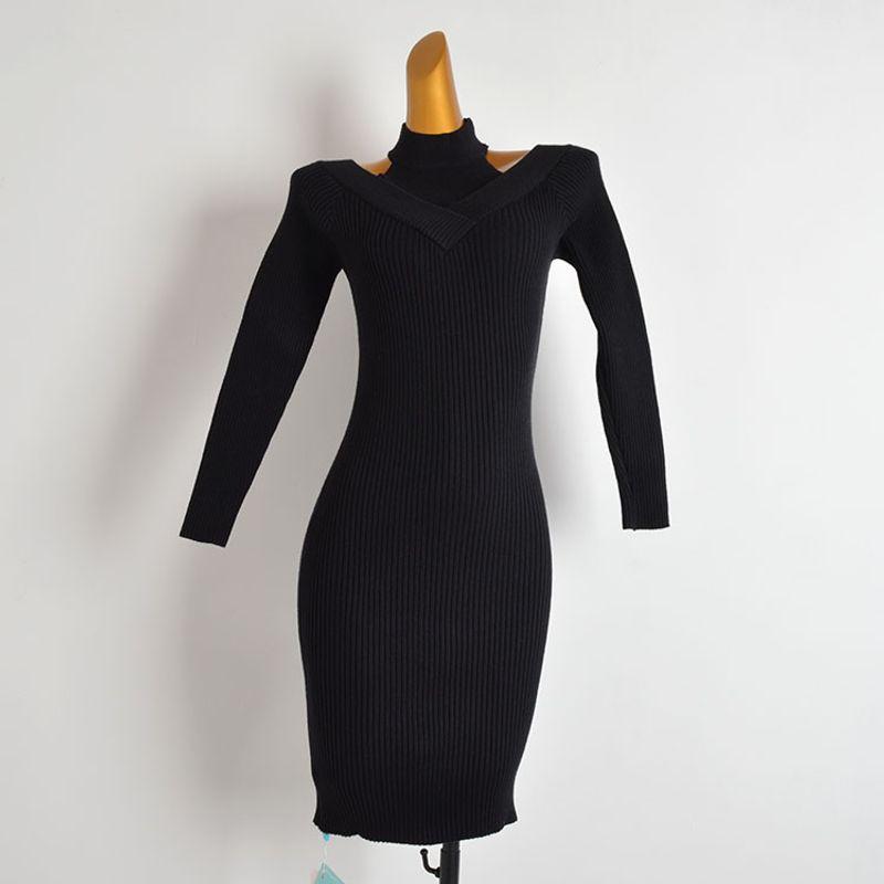 

French style Sexy off-the-Shoulder Fake Two Pieces Long sleeve Knitted dress Sweater Women clothes Waist Hugging Slimming Hip Skirt Autumn and Winter Black One size
