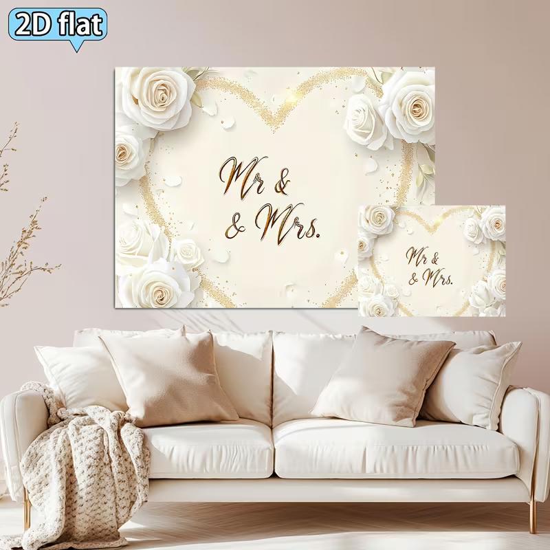 2D Flat Printing Mr & Mrs White Rose Background Cloth for Wedding