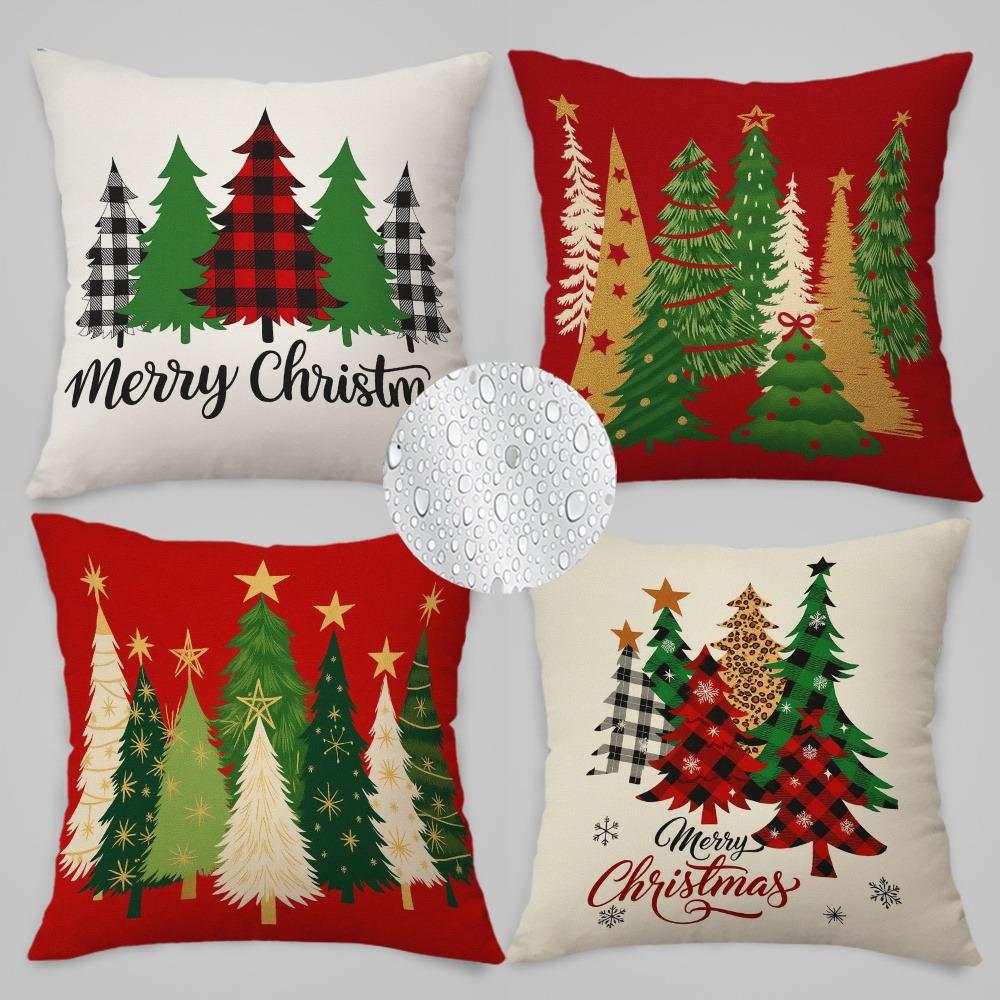 Red Background, Green and Gold Christmas Tree and Lattice Tree, Christmas Pillowcase, Super Eye-catching 2d Graphic Printing