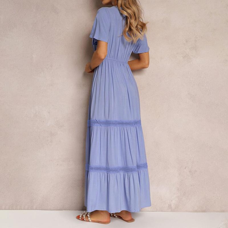 Women's V Neck Lace Trim Tiered Maxi Dress Short Flutter Sleeve Casual Summer Dress