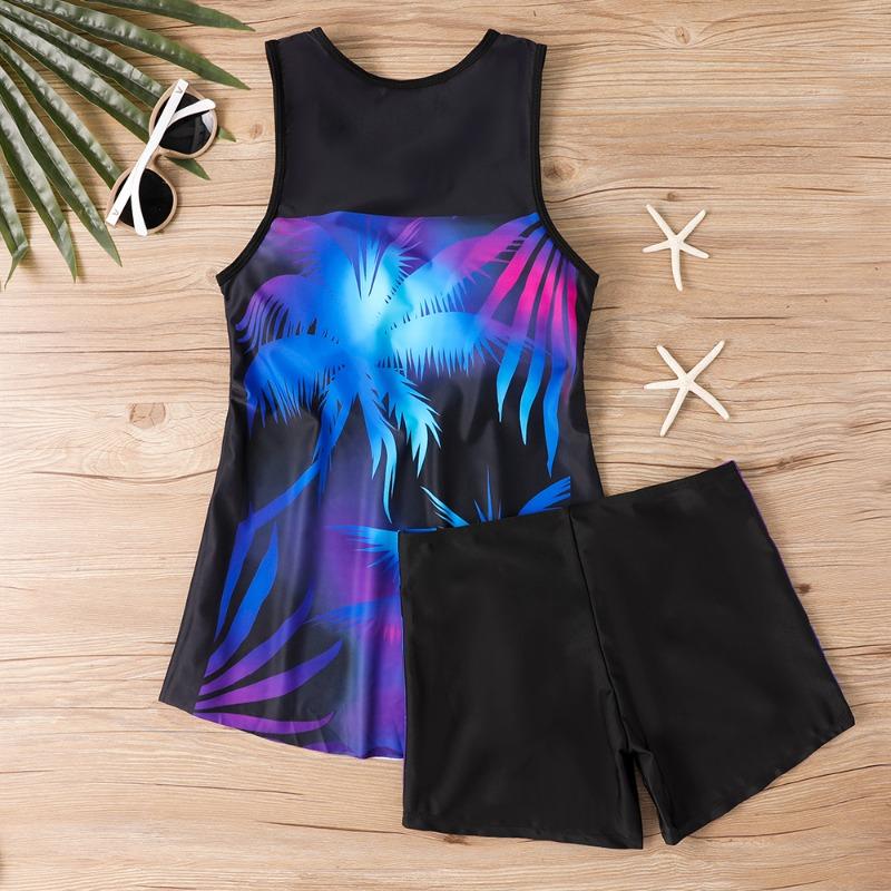 Women's Shoulder Strap Swimsuit Gradient Coconut Tree Print Bikini Tankini Swimsuit