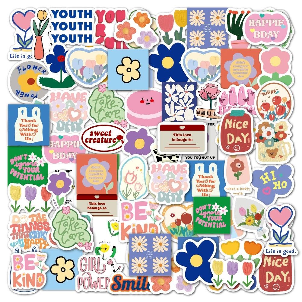 60Pcs Little Flower Smile Stickers Cartoon Cute Simple Ins Graffiti Decoration Water Cup Computer Luggage Flower Stickers