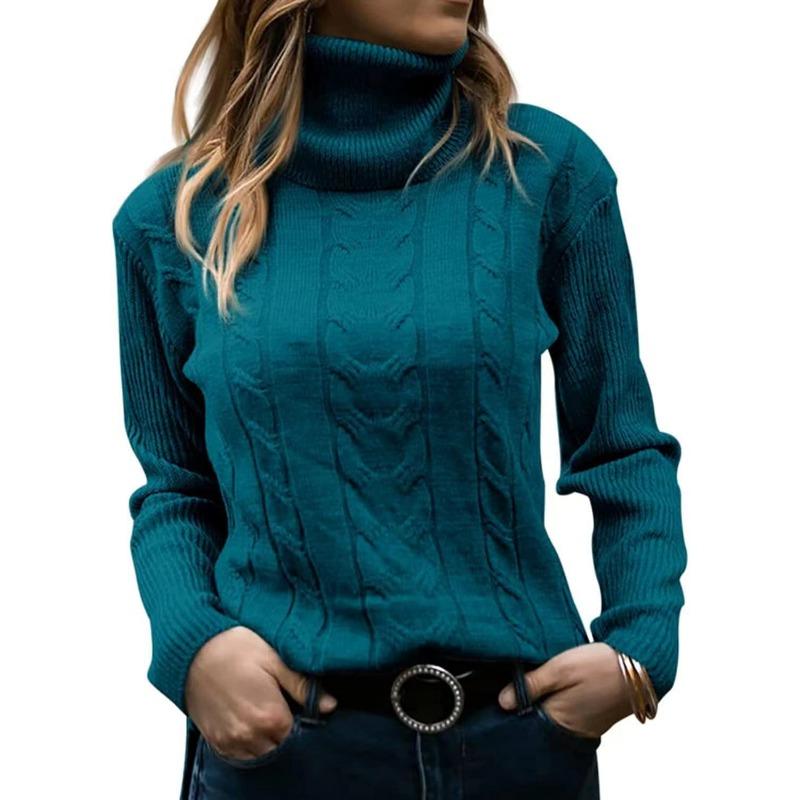 Women S Vintage Solid Color High Neck Long Sleeve Pullover Knit Sweater