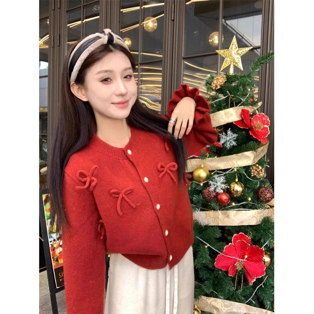 Sweet Bow-Knit Round Neck Women's Cardigan: Elegant Long Sleeve Sweater for Autumn & Winter