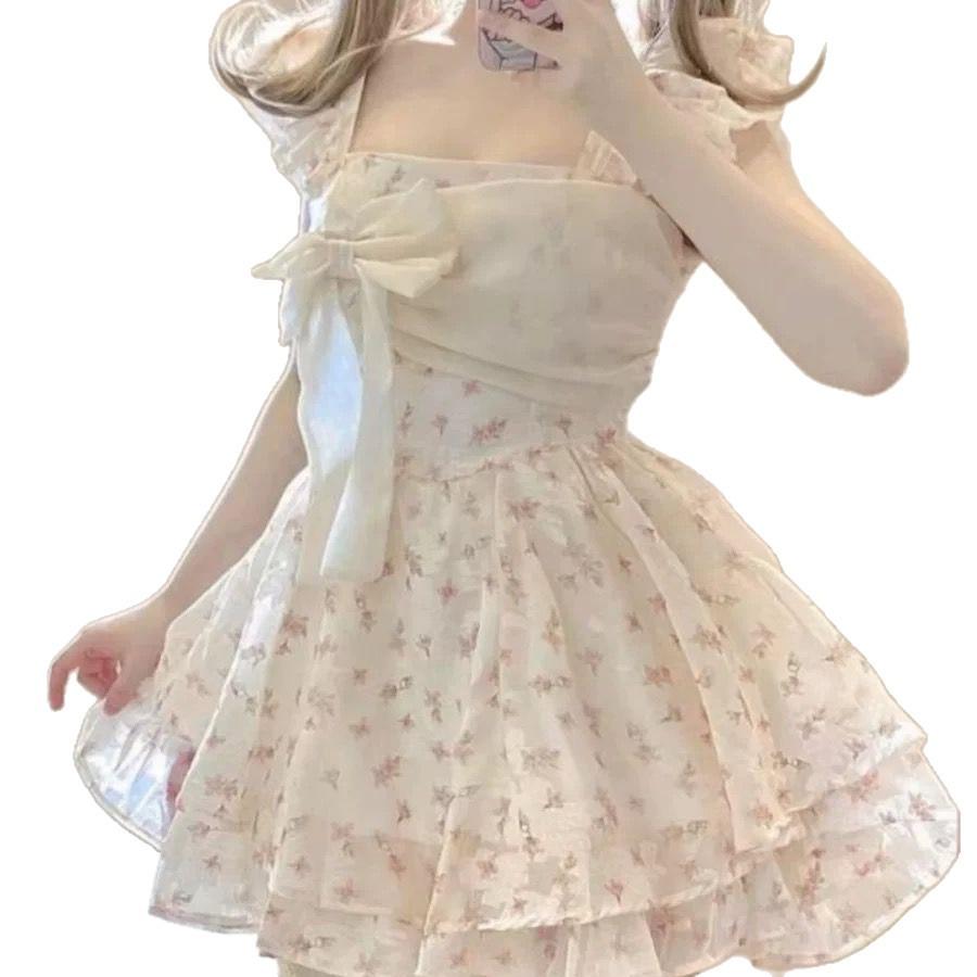 French sweet wind small flying sleeves floral dress women's summer small bow waist on the run princess short skirt