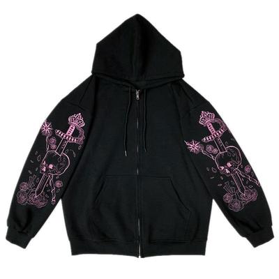 Sweat à capuche zippé imprimé rétro noir pour femmes coréennes, européennes et américaines