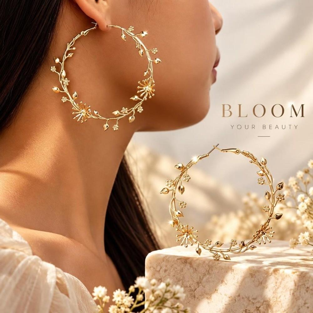 1 Pair Gold Plated Rose Flower Hoop Earring Metal Stud Hoop Earring  Women's Fashion Accessory
