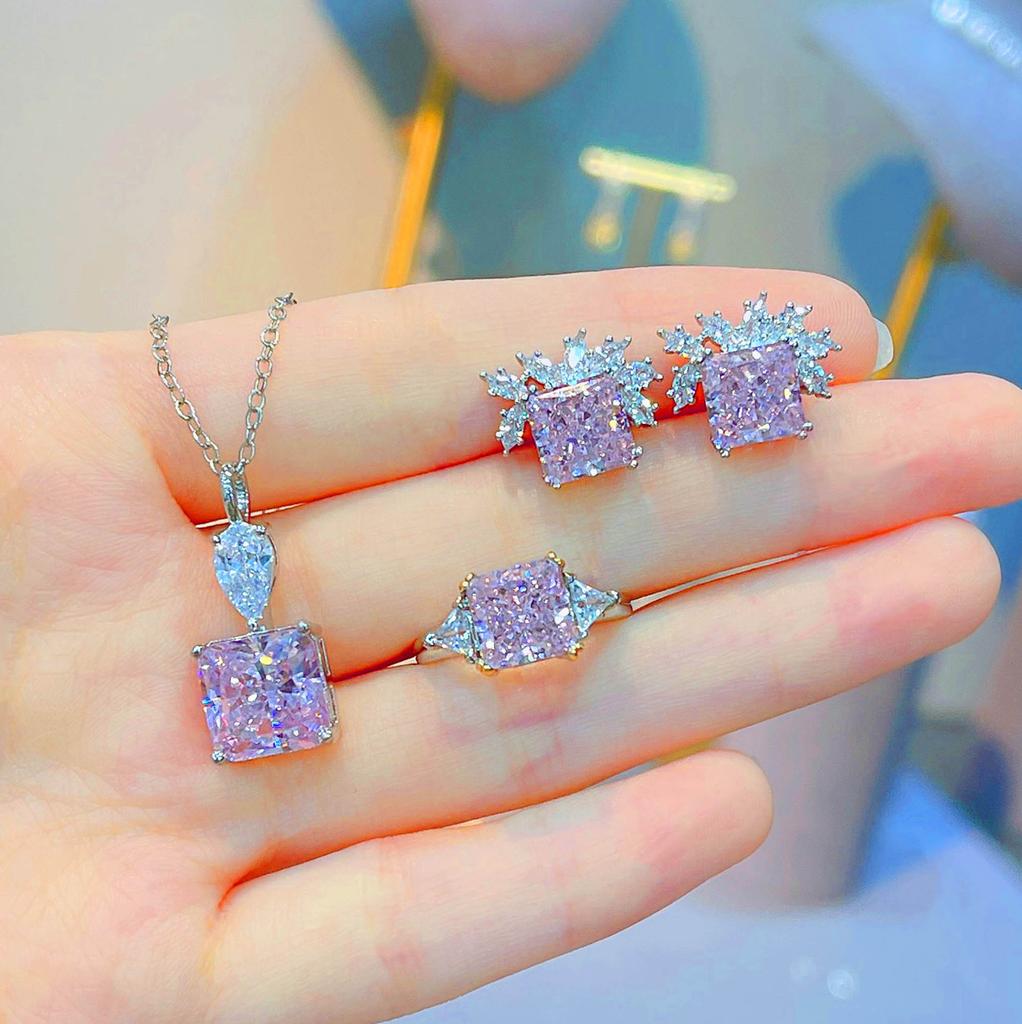 Pink Diamond Radiant Cut Necklace Women'S Collarbone Chain Wind Pendant Stud Earrings Ice Flower Cut High Carbon Diamond Set