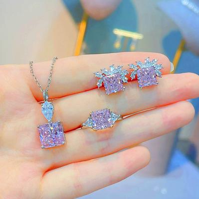 Pink Diamond Radiant Cut Necklace Women'S Collarbone Chain Wind Pendant Stud Earrings Ice Flower Cut High Carbon Diamond Set