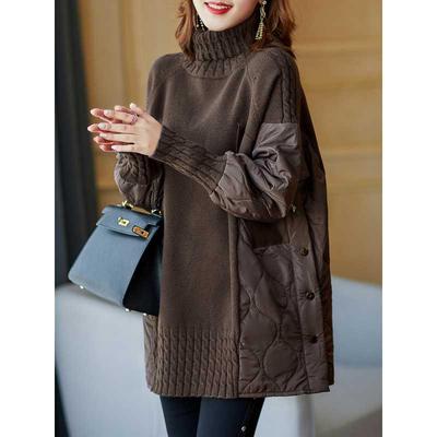 European Style High Collar Spliced Sweater Coat - Loose Women's Winter Wear