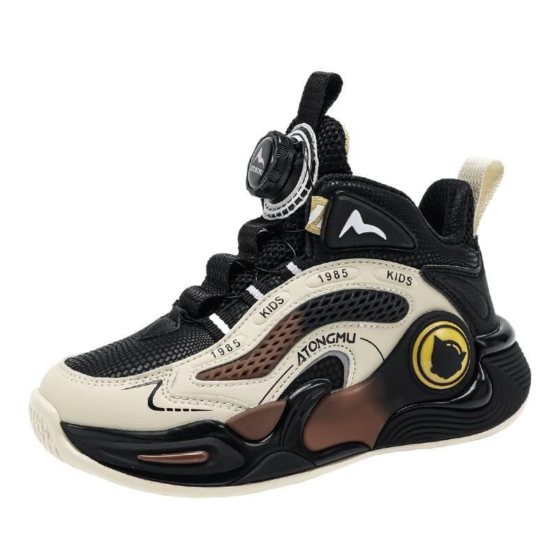Children's Shoes Autumn New Breathable Leather Sneakers Medium and Large Boys Boys Rotating Buckle Soft Sole Non-slip Basketball Shoes