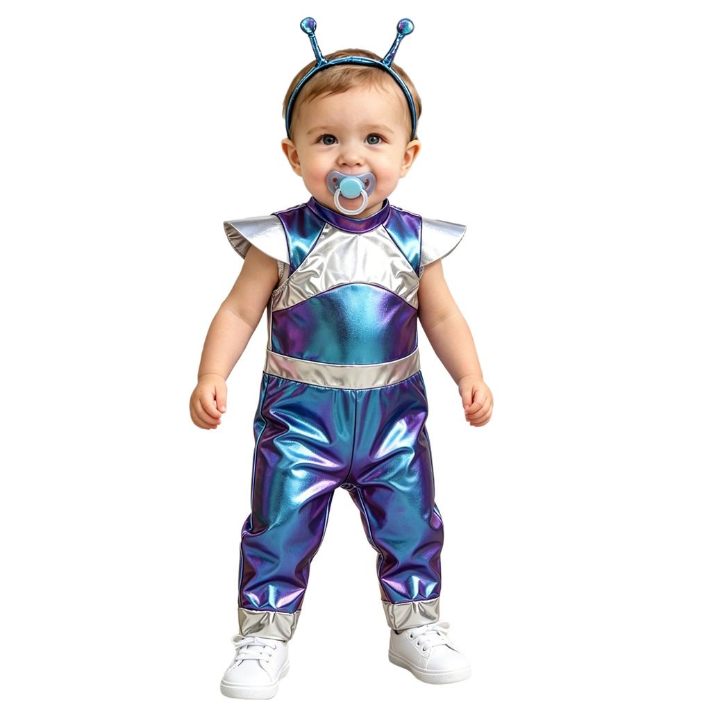 Baby Girls Color Block Alien Jumpsuit Cap Sleeve Zipper Back Metallic Romper Photography Cosplay Halloween