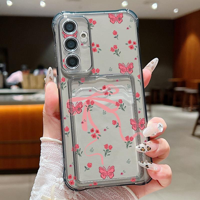 Card Bag Wallet Case For Samsung Galaxy S25 S24 S22 Ultra S23 S24 FE A56 A55 A35 A15 A16 Full Screen Pink Flower TPU Phone Cover