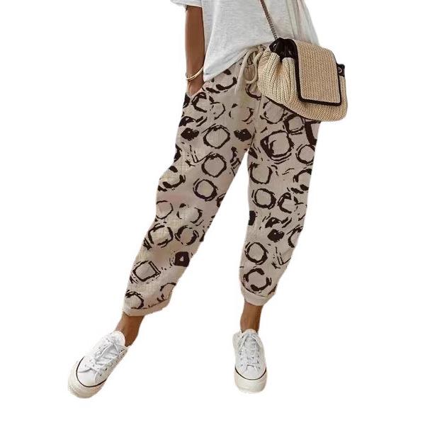 2024 European & American Style Print Cotton Linen Casual Pocket Long Pants