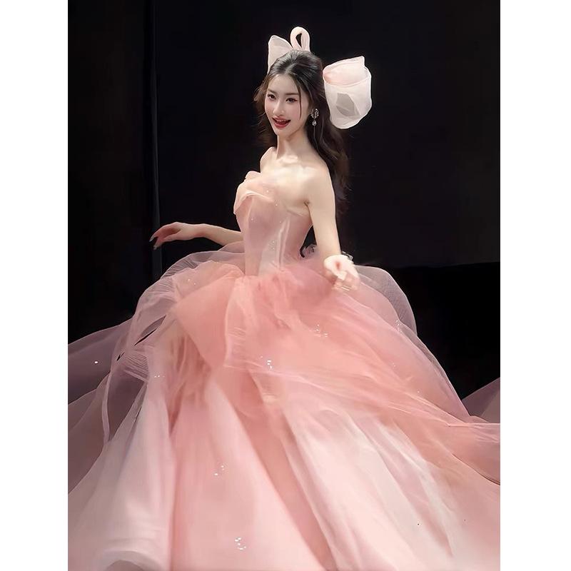 Pink Tube Top Evening Dress for Women, High-end Engagement, Super Fairy Light Luxury Birthday Banquet, Adult Ceremony, Tutu Skirt On the Run