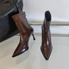 High-heeled short boots women's 2025 autumn and winter new Korean versatile pointed ankle boots thin boots French retro brown short boots