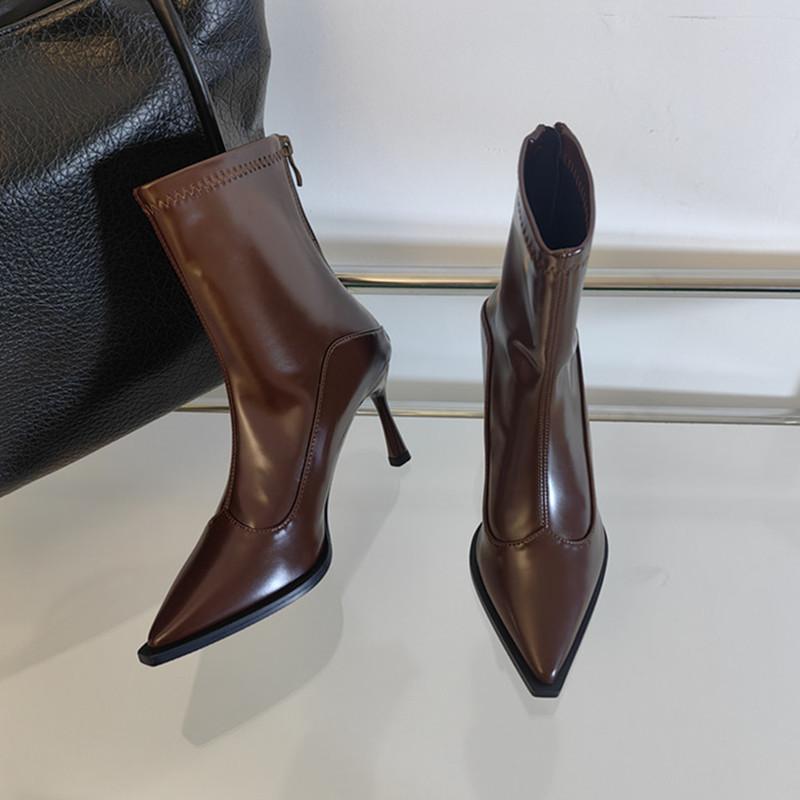 High-heeled short boots women's 2025 autumn and winter new Korean versatile pointed ankle boots thin boots French retro brown short boots