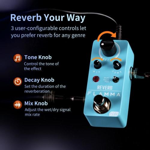 FLAMMA FC02 Mini Reverb Pedal, Digital Guitar Pedal with 3 Reverb Effects, Church Plate, Studio, and True Bypass