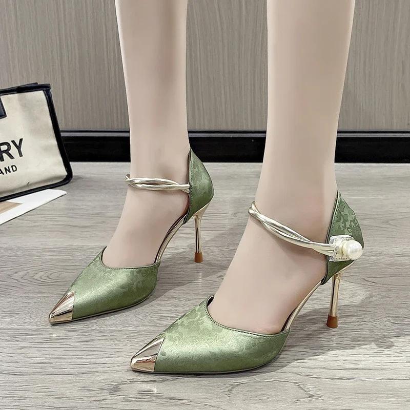 

Fashion Ladies Shoes 2025 Pointed Toe Women s Sandals Buckle Strap Fashion Printing Dress High Heels Women Elegant Sexy Hot Sale Pumps 39 зелёный