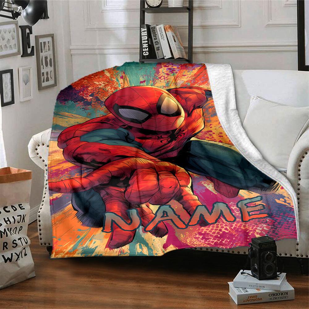 Spider Man In Action Pose With Vibrant Background Gift Customizable Blanket Customize Text Comfortable Great For Sofa Couch Office Bed Picnics Four