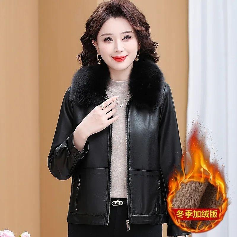

Новый утепленный теплый наряд для мамы, среднее пальто для мамы, осенне-зимняя короткая женская кожаная куртка с меховым воротником L (90-52.5 kg)