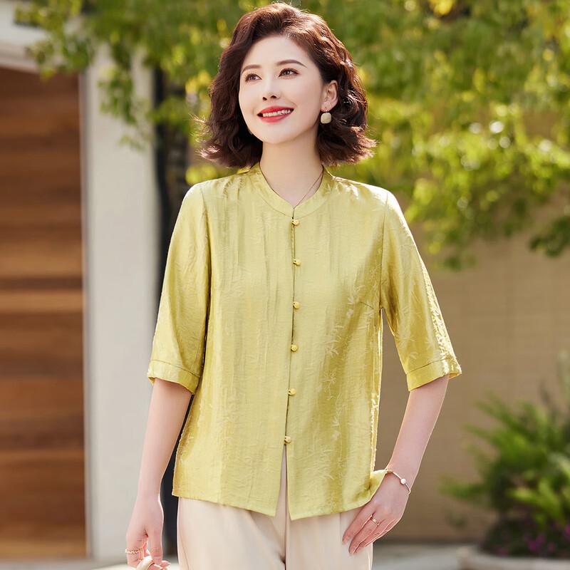 Hemd im chinesischen Stil mit Bambusblattdruck und Stehkragen für Frauen mittleren Alters