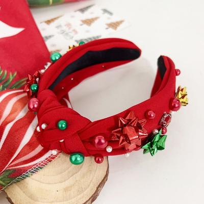 Pearl Christmas Hairband Wide Edge Needlework Festive Hair Accessories Knot Retro Pearl Headband Holiday Party Decoration