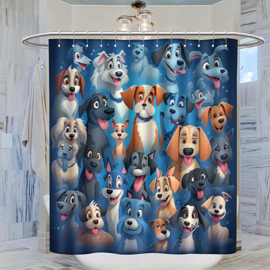 Cute Dog Children's Shower Curtain, Blue Background Children's Dog Theme Decorated Shower Curtain, Pet Lover Bathroom Decoration