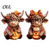 Wooden Base Ornament 2PCS Highland Cow Ornament, Rustic Style Figurine, Thanksgiving Sculpture Theme Wood Art, for Entrance Living Room Decor