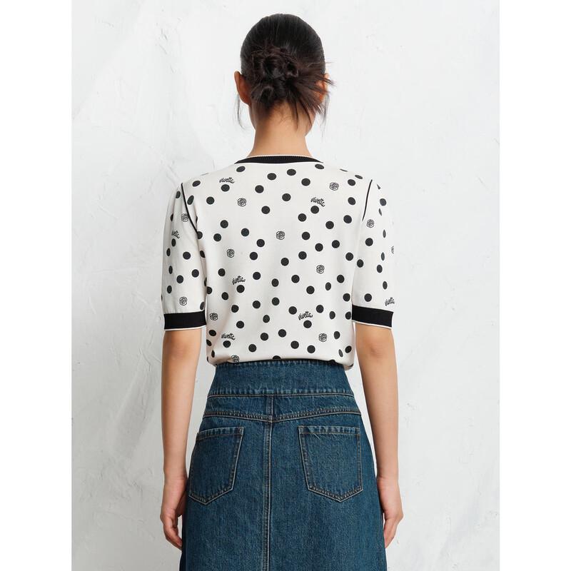 JUZUI Women's Polka Dot Rhinestone Short-Sleeve Knit Top
