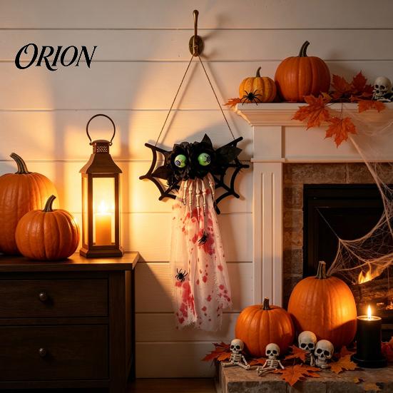 Scary Halloween Door Ornaments Decoration, Spooky Wooden Spider Web Skeleton Hand Wall Hanging Lighted Party Decor Ornament with Blood Gauze