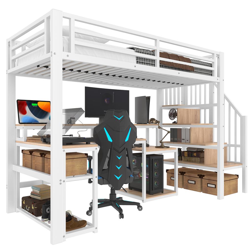 Łóżko piętrowe, 90 x 200 cm, rama żelazna, schowek, schody ze schowkiem, barierka zabezpieczająca, listwa świetlna LED, biurko, port USB, bez materaca, białe