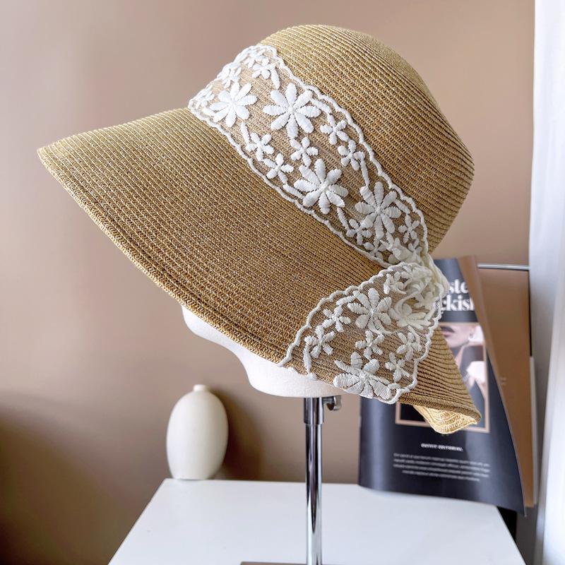 Summer Hat Women Lace Ribbon Bow Brimmed Sunshade Bucket Hat Lady Folding Sun Hat Beach Accessories Sunscreen Travel New Sunhat