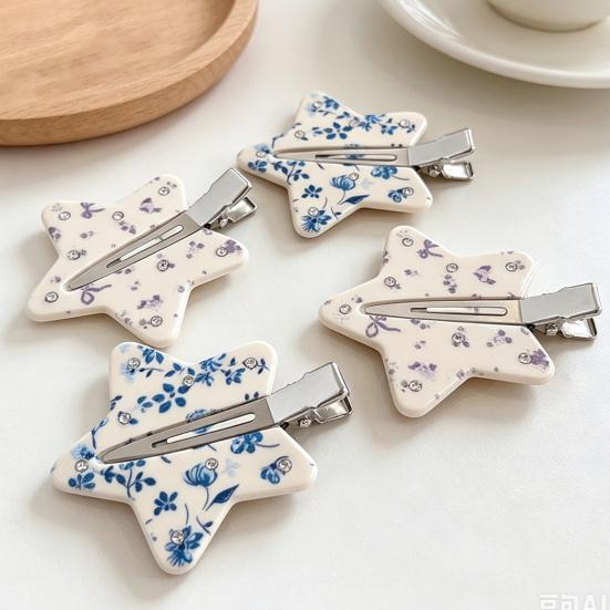 Traceless Hair Clip, Five-Pointed Star Shape Hair Pin with Floral Pattern, Compact Versatile Hair Accessories