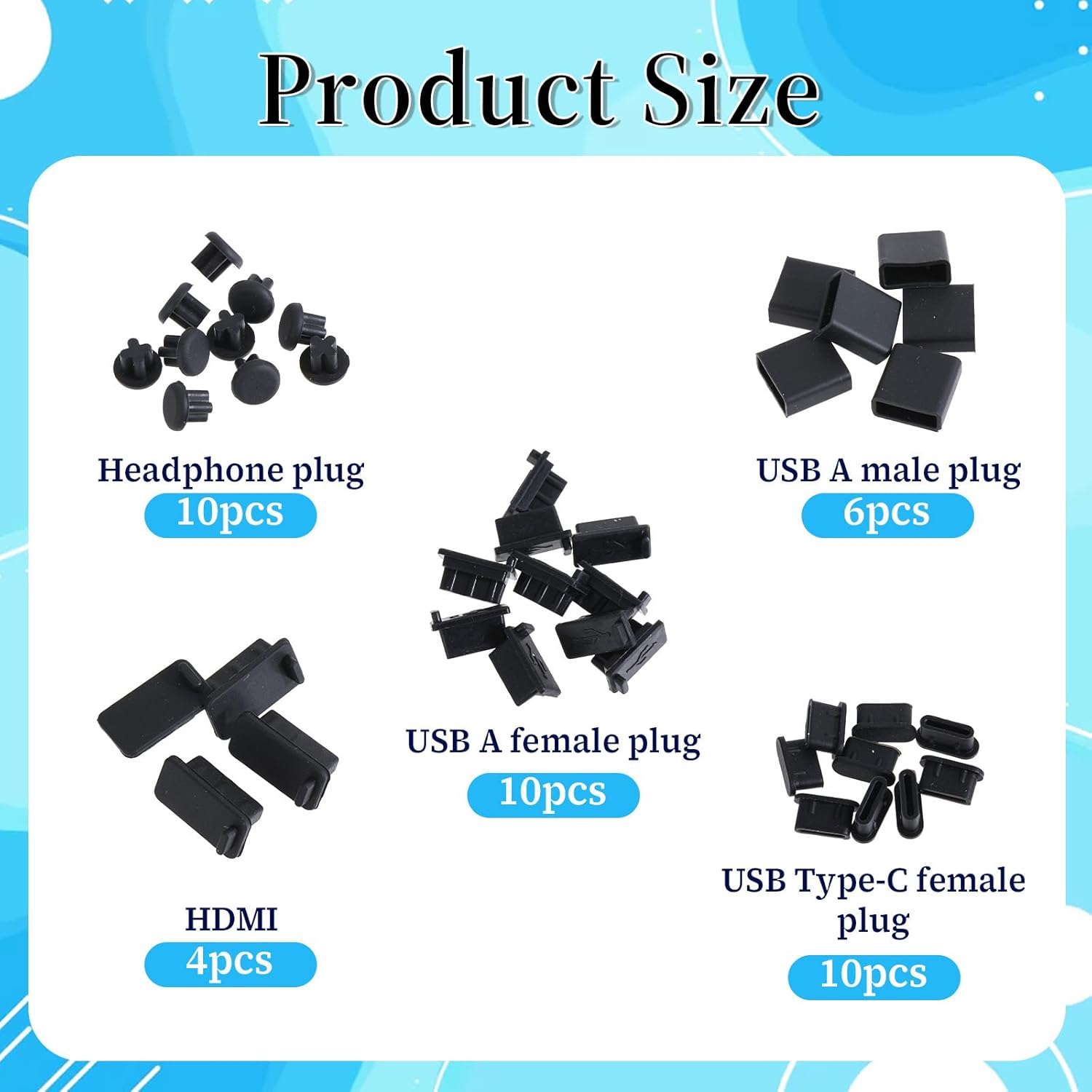 Bewudy 40 PCS 5 Types USB Anti Dust Cover Plugs, USB Type-C Dust Stopper, USB Dust Port Cover Plugs, Silicone USB Port Protector for USB A Female &