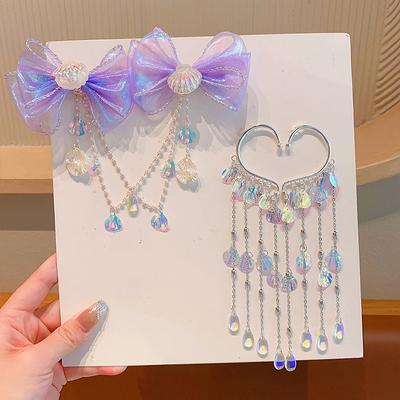 Cartoon Mädchen Haarspange Kinder Meerjungfrau Prinzessin Perle Fransen Rosa Lila Schleife Stirnkette Haarnadel Fee Ohrhaken Accessoires