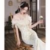 Super Fairy Evening Dress Skirt Light Luxury Niche Style 1011 New One-word Shoulder Fishtail Banquet Temperament White