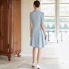 2024 Women's Blue Stand-Up Collar Short-Sleeve Shirt Dress for Office Commute