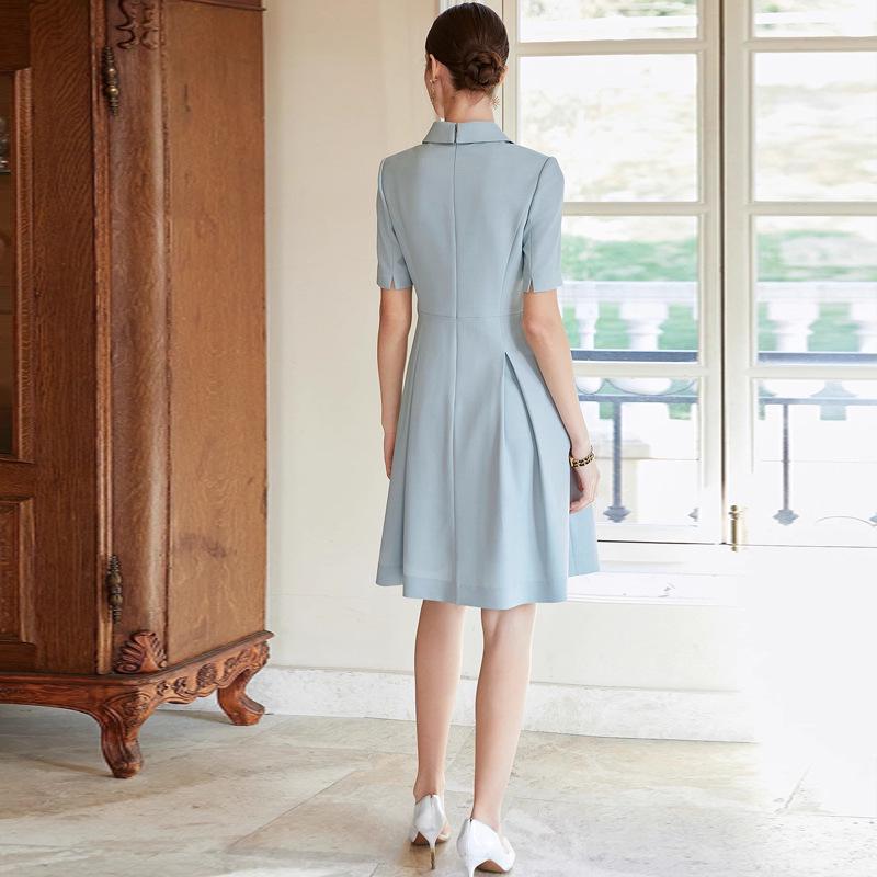 2024 Women's Blue Stand-Up Collar Short-Sleeve Shirt Dress for Office Commute