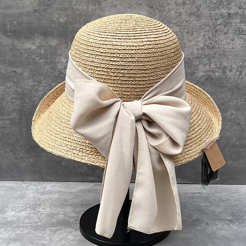 Lafite Bucket Hat Women'S Summer Hepburn Style Straw Hat Curled Brim Big Brim Bow Streamer Basin Hat Travel Visor