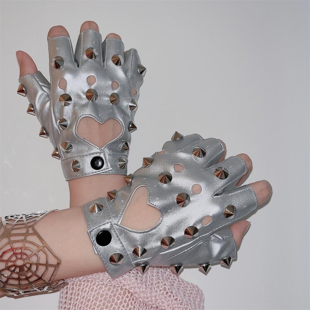 Fingerless Half-palm Gloves PU Leather Patent Leather Gloves Lolita Rivet Gloves  Hip-Hop