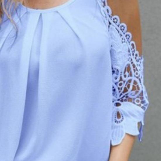 Ladies Top Hollow Lace Sleeves Spring Summer Loose Pure Color Shirt Blouse for Daily Wear