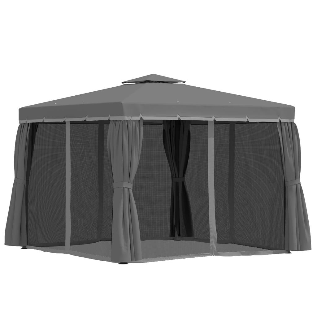 3x3(m) Tettoia Gazebo da Giardino Padiglione Tenda Riparo Tenda da Fiera con Tetto Impermeabile a 2 Livelli, Zanzariera e Tende, Struttura in Alluminio