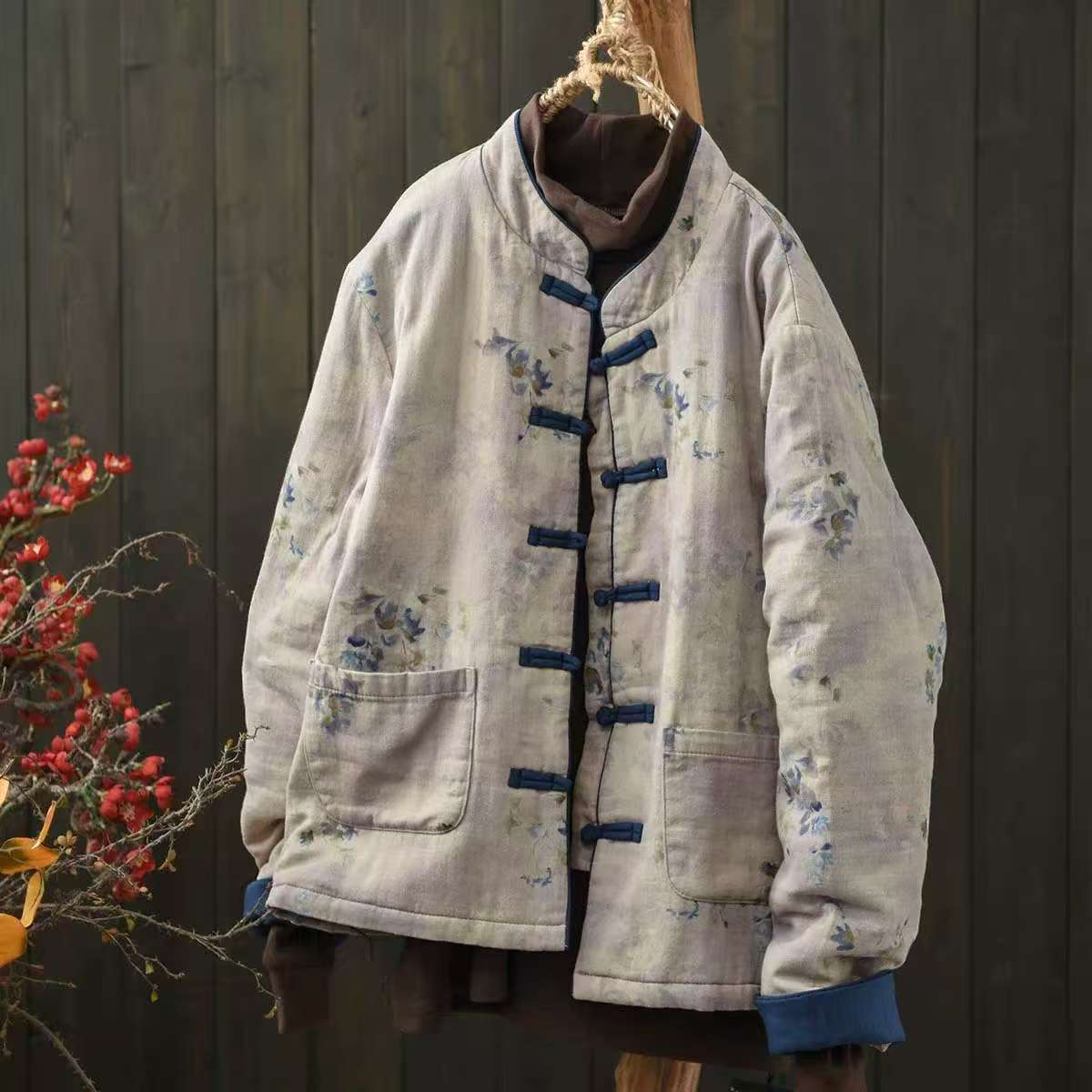 

Johnature Women Vintage Print Floral Jackets Stand Long Sleeve Coats Autumn Pockets Button Warm Chinese Style Jackets One Size