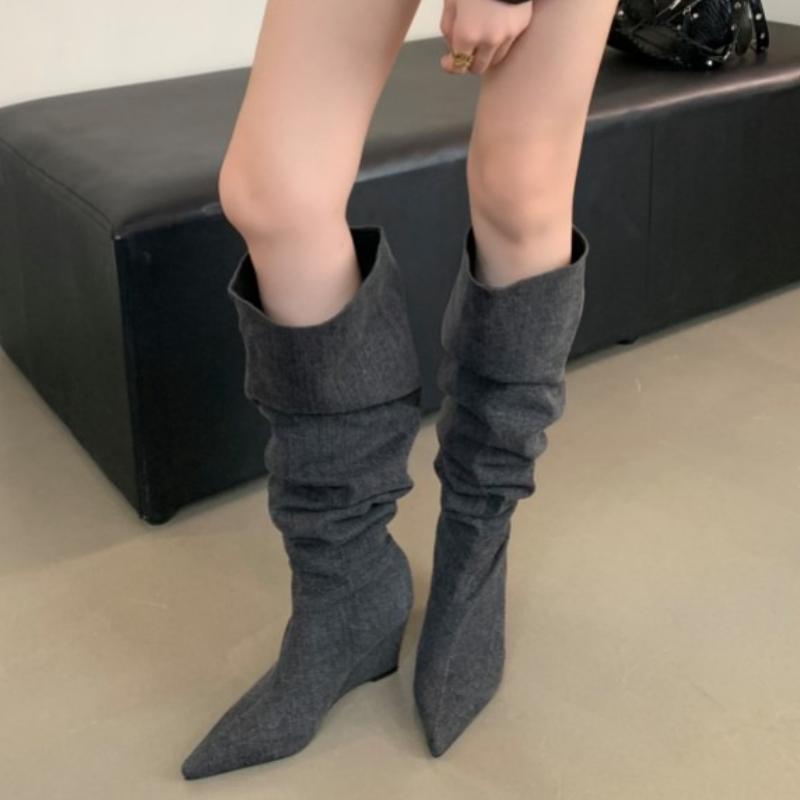 Fashion Fashion Gray Pointed toe Knee Boots Women Comfortable wedge Brand Designer botas para mujer high-quality Autumn Long women boots
