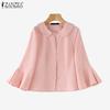 ZANZEA Damen Herbst Revers 3/4 Ärmel Patchwork Rüschen Hemden