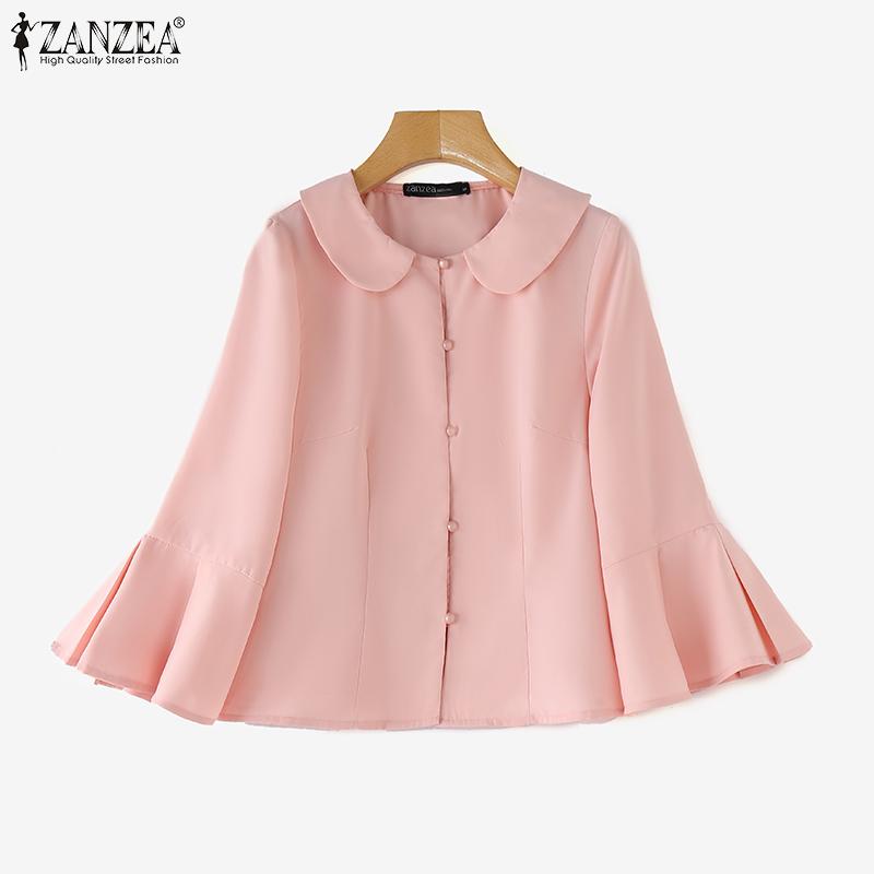 ZANZEA Damen Herbst Revers 3/4 Ärmel Patchwork Rüschen Hemden
