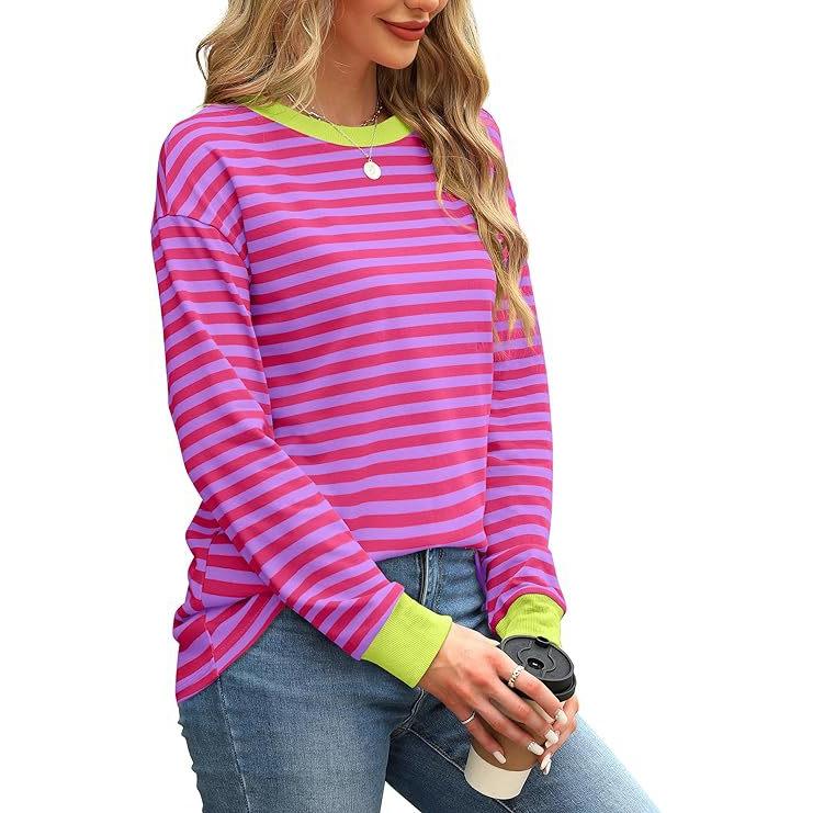 Kadın Altlık Gömlek Sonbahar ve Kış Yeni Moda Kontrast Renkli Bol Yuvarlak Yaka Çizgili Uzun Kollu Üst