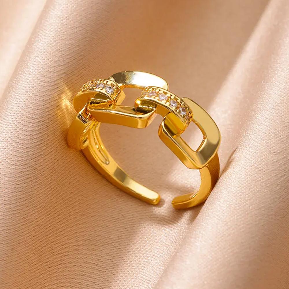 Stainless Steel Chain Shaped Rings for Women Gold Color Open Ring with White Zircon Punk Party Charm Jewelry Prom Accessories
